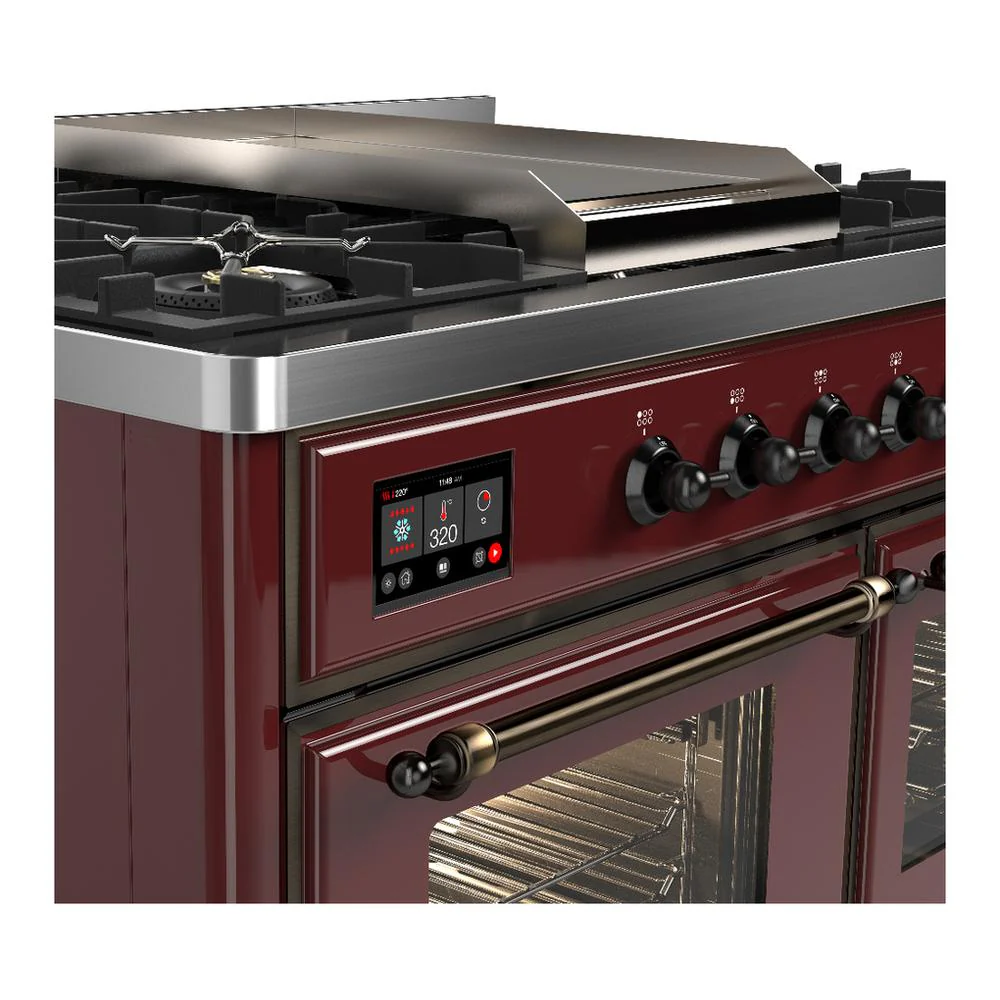 Ilve UMD40FNR3BUBLP Ilve Umd40Fnr3Bublp Majestic Iii 40 Inch Dual Fuel Range With 6 Burners And Griddle, Dual Function Burner Up To 25,000 Btu (Liquid Propane, Triple Glass Door, Burgundy, Burnished) - Image 7