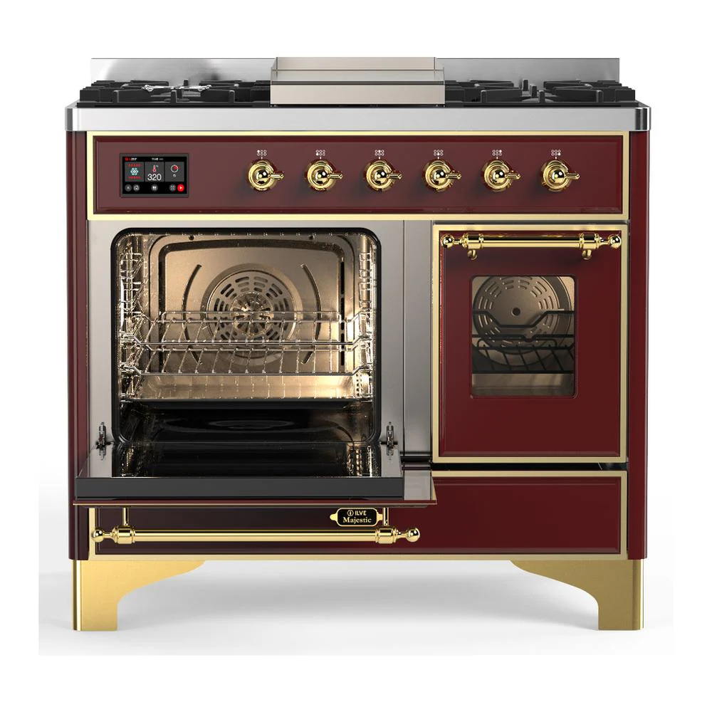 Ilve UMD40FNR3BUGLP Ilve Umd40Fnr3Buglp Majestic Iii 40 Inch Dual Fuel Range With 6 Burners And Griddle, Dual Function Burner Up To 25,000 Btu (Liquid Propane, Triple Glass Door, Burgundy, Brass) - Image 3