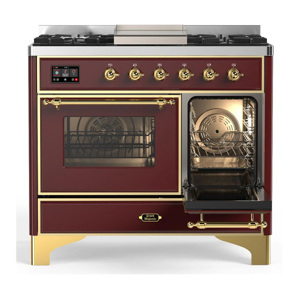 Ilve UMD40FNR3BUGLP Ilve Umd40Fnr3Buglp Majestic Iii 40 Inch Dual Fuel Range With 6 Burners And Griddle, Dual Function Burner Up To 25,000 Btu (Liquid Propane, Triple Glass Door, Burgundy, Brass) - Image 4