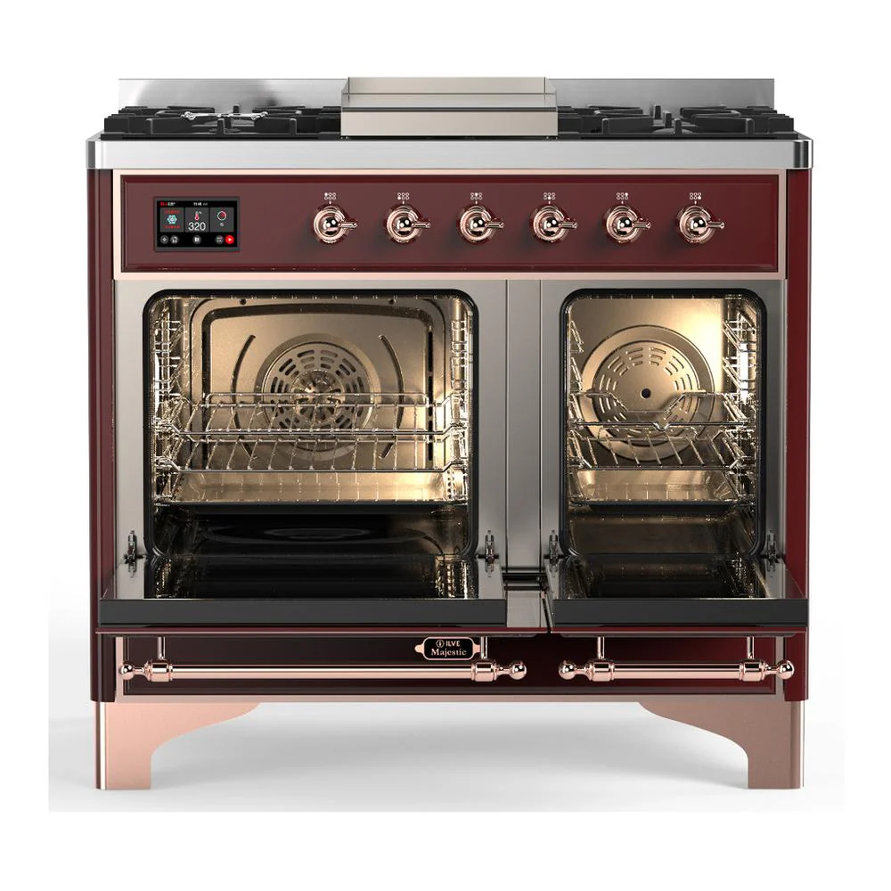Ilve UMD40FNR3BUP Ilve Umd40Fnr3Bup Majestic Iii 40 Inch Dual Fuel Range With 6 Burners And Griddle, Dual Function Burner Up To 25,000 Btu (Natural Gas, Triple Glass Door, Burgundy, Copper) - Image 2
