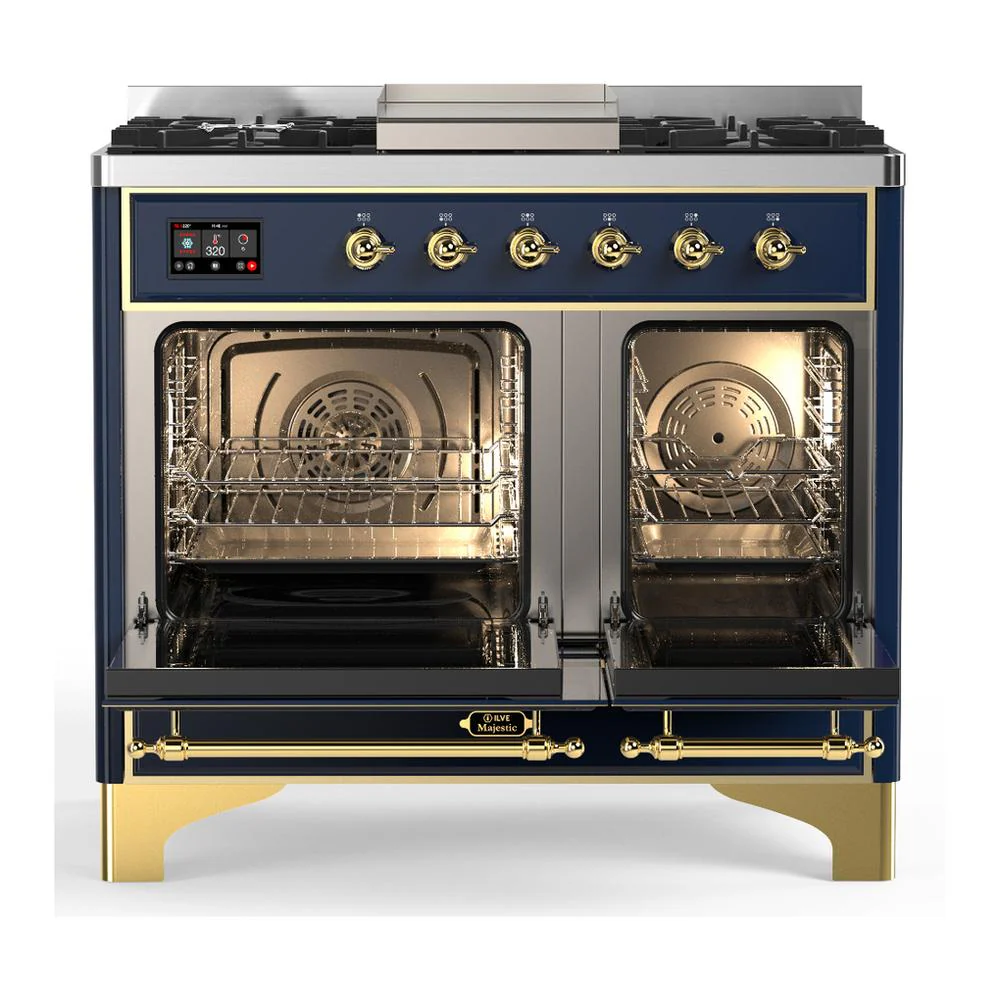 Ilve UMD40FNR3MBG Ilve Umd40Fnr3Mbg Majestic Iii 40 Inch Dual Fuel Range With 6 Burners And Griddle, Dual Function Burner Up To 25,000 Btu (Natural Gas, Triple Glass Door, Midnight Blue, Brass) - Image 2