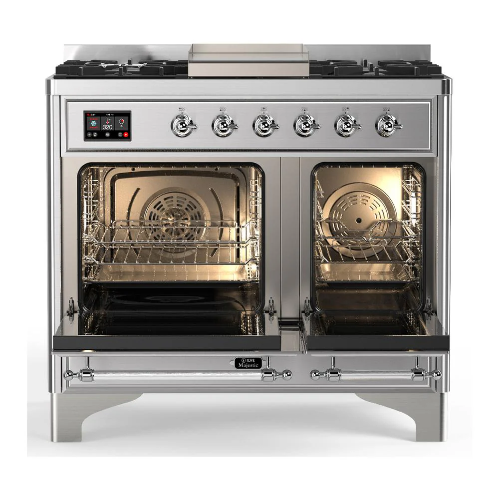 Ilve UMD40FNR3SSCLP Ilve Umd40Fnr3Ssclp Majestic Iii 40 Inch Dual Fuel Range With 6 Burners And Griddle, Dual Function Burner Up To 25,000 Btu (Liquid Propane, Triple Glass Door, Stainless Steel, Chrome) - Image 2