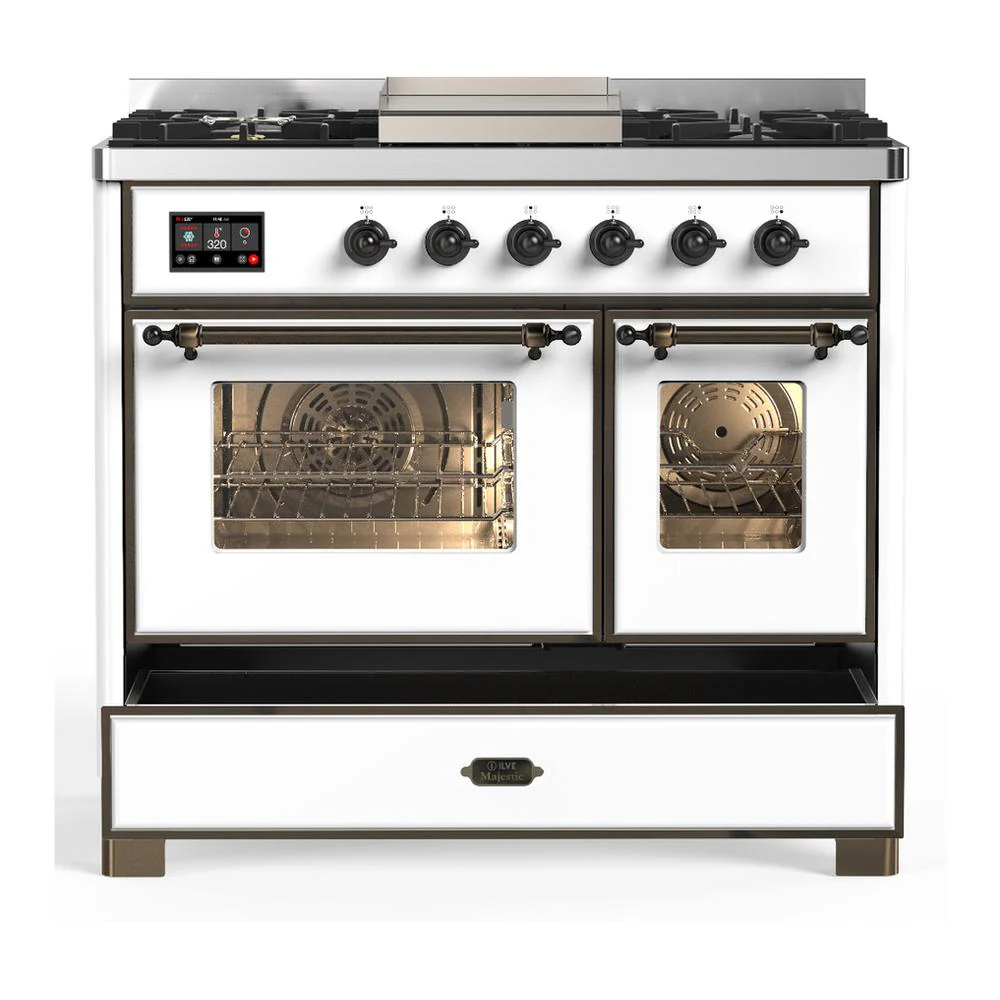 Ilve UMD40FNR3WHBLP Ilve Umd40Fnr3Whblp Majestic Iii 40 Inch Dual Fuel Range With 6 Burners And Griddle, Dual Function Burner Up To 25,000 Btu (Liquid Propane, Triple Glass Door, White, Burnished) - Image 5