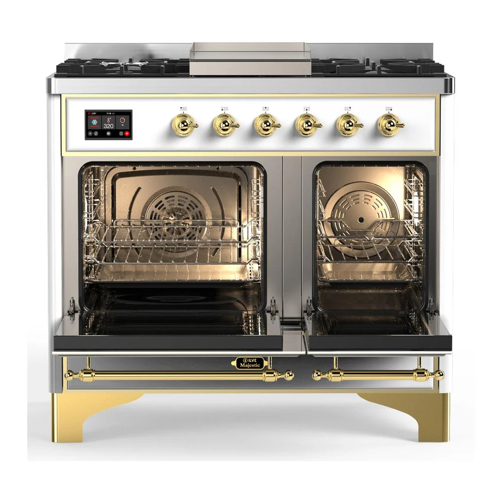Ilve UMD40FNR3WHG Ilve Umd40Fnr3Whg Majestic Iii 40 Inch Dual Fuel Range With 6 Burners And Griddle, Dual Function Burner Up To 25,000 Btu (Natural Gas, Triple Glass Door, White, Brass) - Image 2