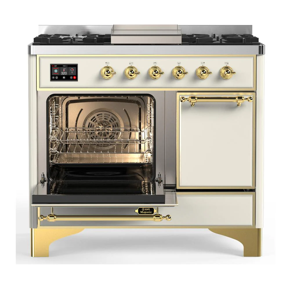 Ilve UMD40FQNR3AWGLP Ilve Umd40Fqnr3Awglp Majestic Iii 40 Inch Dual Fuel Range With 6 Burners And Griddle, Dual Function Burner Up To 25,000 Btu (Liquid Propane, Solid Door, Antique White, Brass) - Image 3