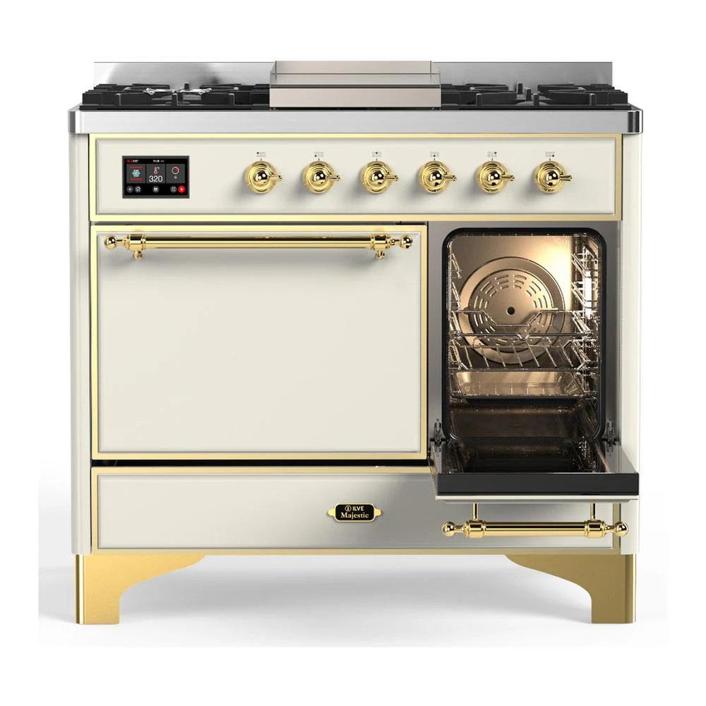 Ilve UMD40FQNR3AWGLP Ilve Umd40Fqnr3Awglp Majestic Iii 40 Inch Dual Fuel Range With 6 Burners And Griddle, Dual Function Burner Up To 25,000 Btu (Liquid Propane, Solid Door, Antique White, Brass) - Image 4