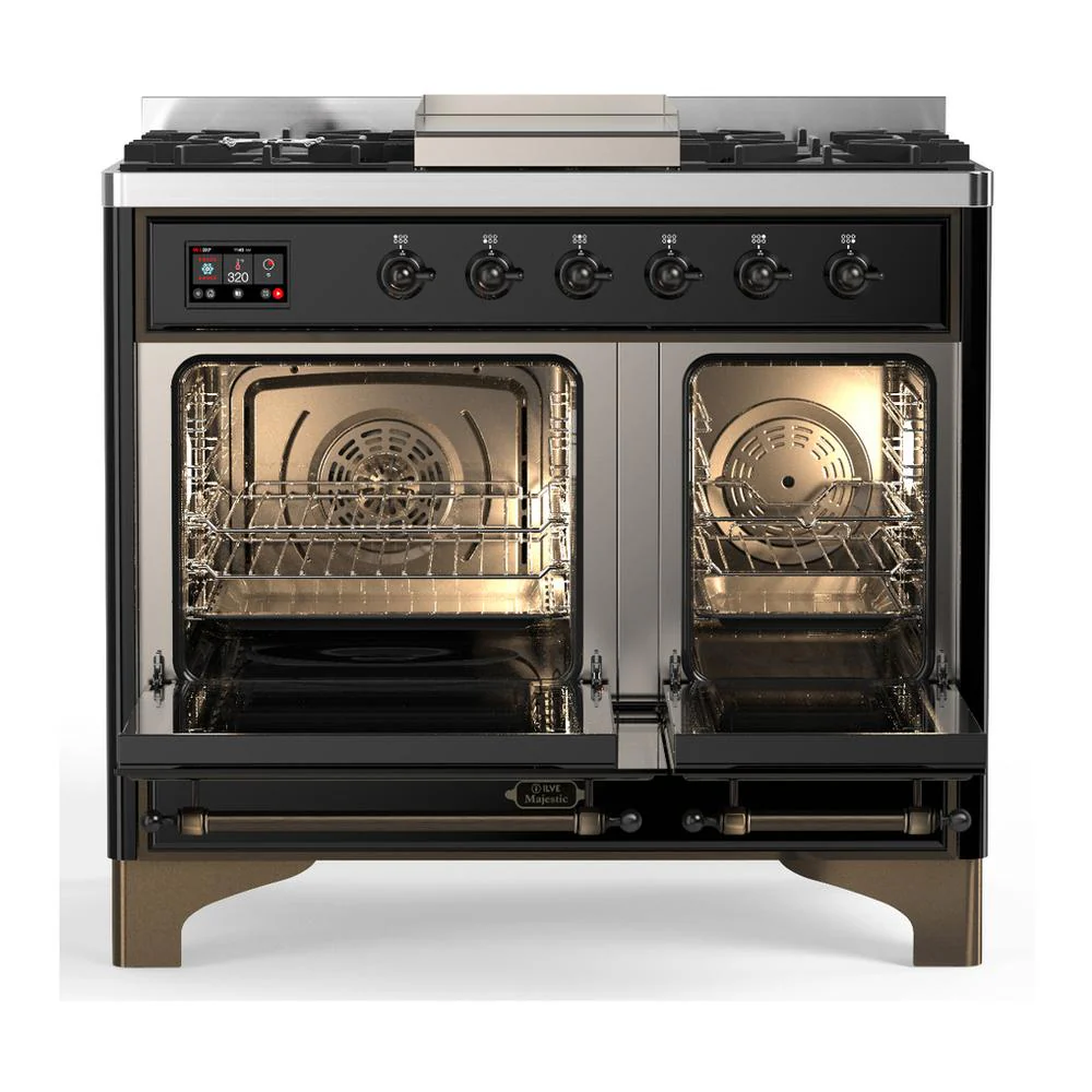 Ilve UMD40FQNR3BKBLP Ilve Umd40Fqnr3Bkblp Majestic Iii 40 Inch Dual Fuel Range With 6 Burners And Griddle, Dual Function Burner Up To 25,000 Btu (Liquid Propane, Solid Door, Glossy Black, Burnished) - Image 2