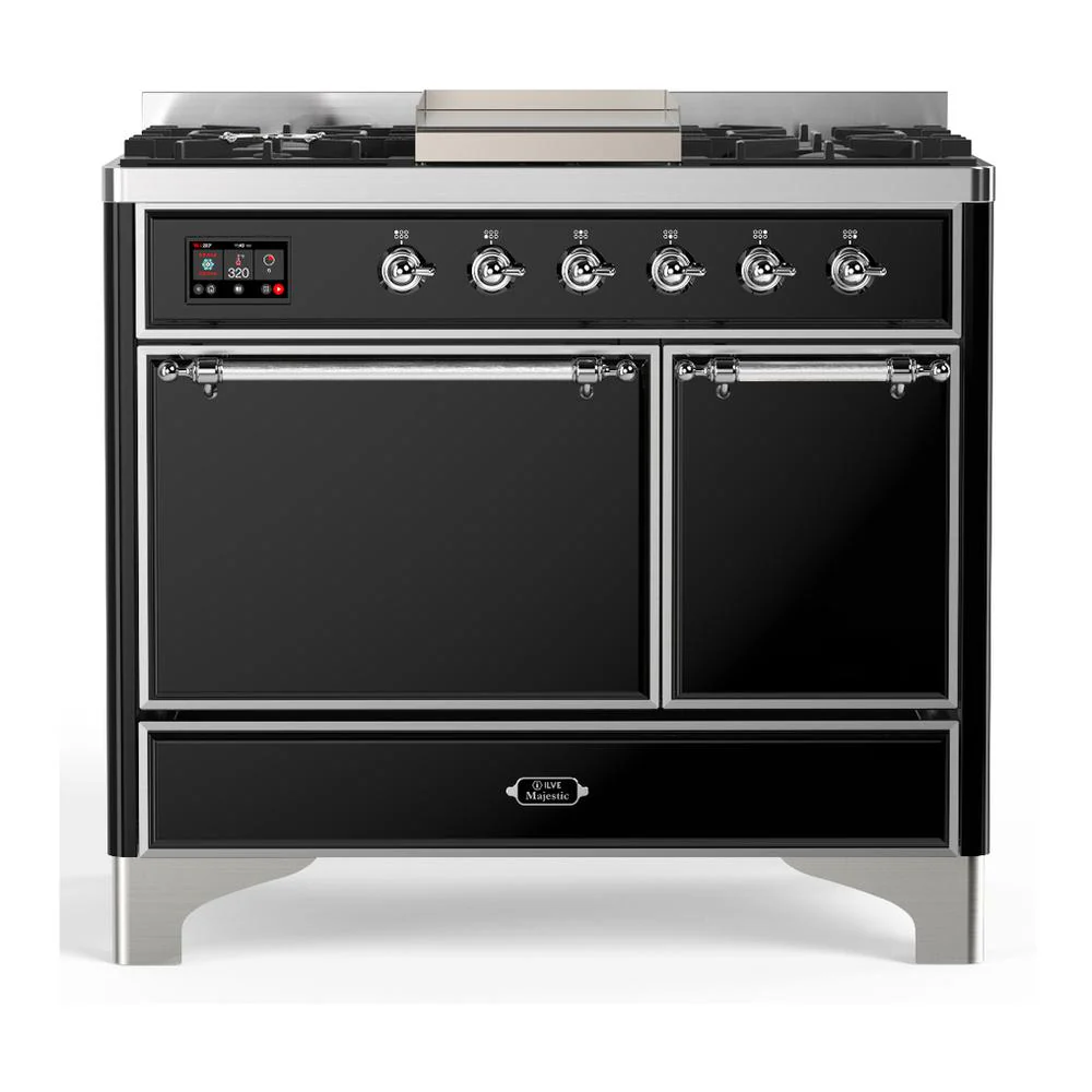 Ilve UMD40FQNR3BKC Ilve Umd40Fqnr3Bkc Majestic Iii 40 Inch Dual Fuel Range With 6 Burners And Griddle, Dual Function Burner Up To 25,000 Btu (Natural Gas, Solid Door, Glossy Black, Chrome)