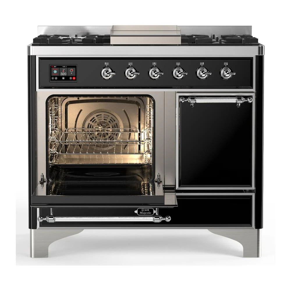 Ilve UMD40FQNR3BKC Ilve Umd40Fqnr3Bkc Majestic Iii 40 Inch Dual Fuel Range With 6 Burners And Griddle, Dual Function Burner Up To 25,000 Btu (Natural Gas, Solid Door, Glossy Black, Chrome) - Image 3