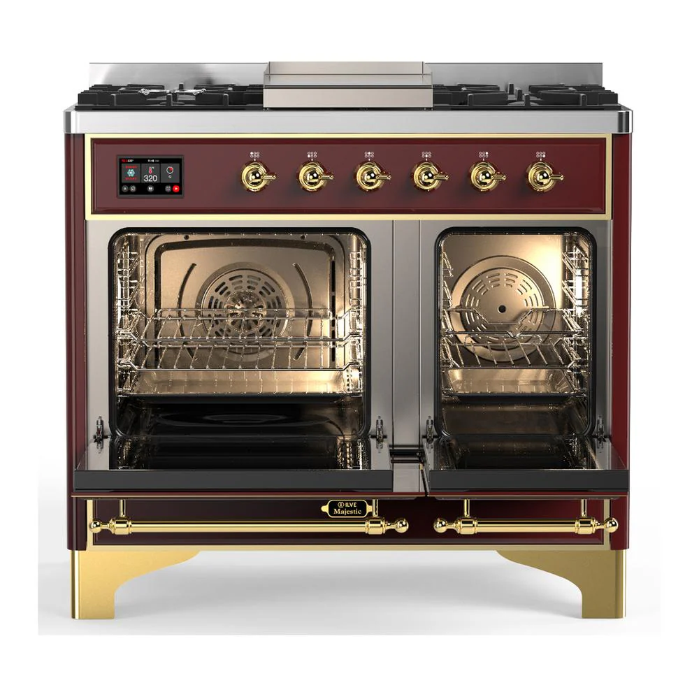 Ilve UMD40FQNR3BUG Ilve Umd40Fqnr3Bug Majestic Iii 40 Inch Dual Fuel Range With 6 Burners And Griddle, Dual Function Burner Up To 25,000 Btu (Natural Gas, Solid Door, Burgundy, Brass) - Image 2