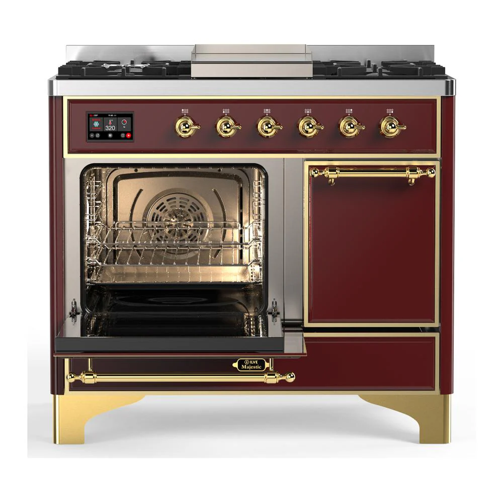 Ilve UMD40FQNR3BUGLP Ilve Umd40Fqnr3Buglp Majestic Iii 40 Inch Dual Fuel Range With 6 Burners And Griddle, Dual Function Burner Up To 25,000 Btu (Liquid Propane, Solid Door, Burgundy, Brass) - Image 3