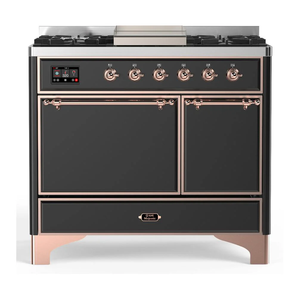 Ilve UMD40FQNR3MGPLP Ilve Umd40Fqnr3Mgplp Majestic Iii 40 Inch Dual Fuel Range With 6 Burners And Griddle, Dual Function Burner Up To 25,000 Btu (Liquid Propane, Solid Door, Graphite Matte, Copper)