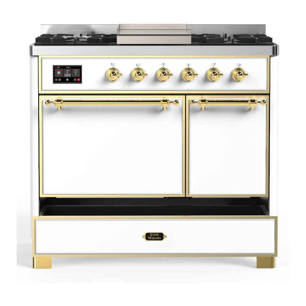Ilve UMD40FQNR3WHG Ilve Umd40Fqnr3Whg Majestic Iii 40 Inch Dual Fuel Range With 6 Burners And Griddle, Dual Function Burner Up To 25,000 Btu (Natural Gas, Solid Door, White, Brass) - Image 5