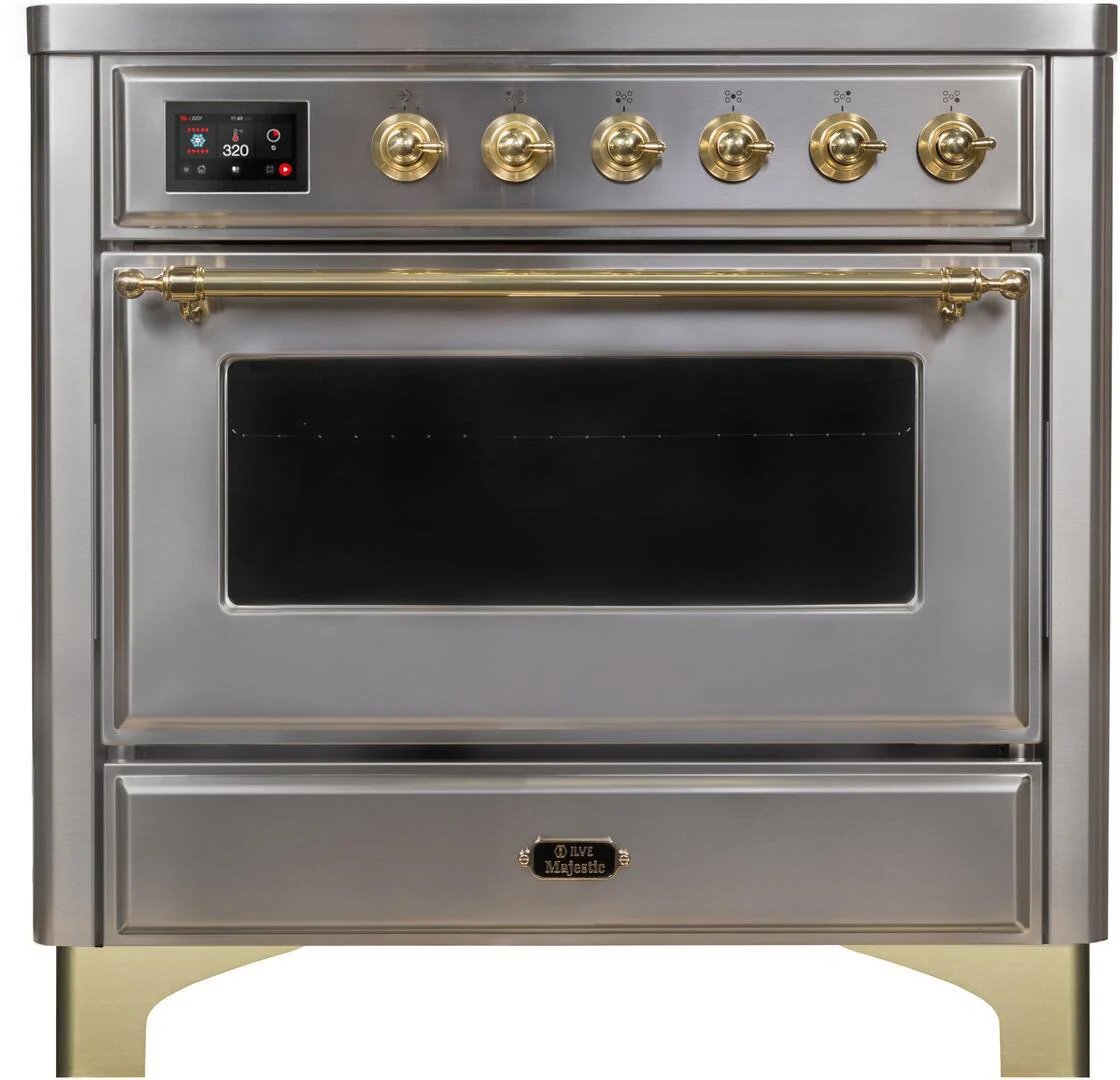 Ilve UMI09NS3SSG Majestic Ii 36 Inch Electric Freestanding Range In Stainless Steel With Brass Trim - Image 2