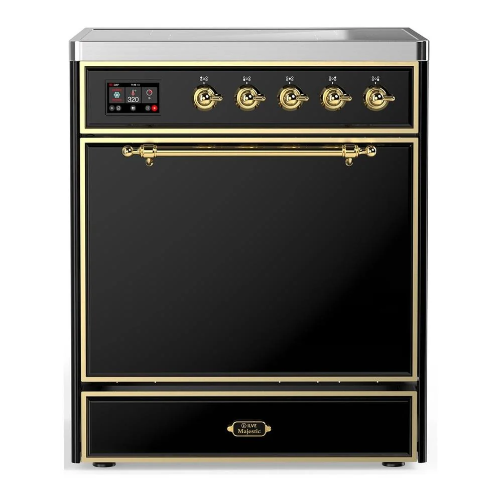 Ilve UMIB30QNR3BKG Ilve Umib30Qnr3Bkg Majestic Iii 30 Inch Induction Range With 4 Elements, 4 Cu. Ft. Oven Capacity (Solid Door, Glossy Black, Brass)