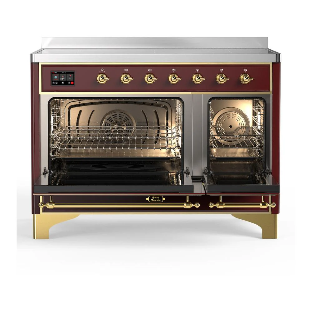 Ilve UMIB48NR3BUG Ilve Umib48Nr3Bug Majestic Iii 48 Inch Induction Range With 6 Elements, 5.02 Cu. Ft. Total Oven Capacity (Triple Glass Door, Burgundy, Brass) - Image 2