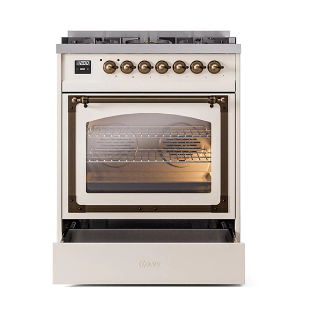 Ilve UN30NMPAWB Ilve Un30Nmpawb Nostalgie Ii Noblesse 30" Dual Fuel Range (Natural Gas, Triple Glass Door, Antique White, Burnished) - Image 4