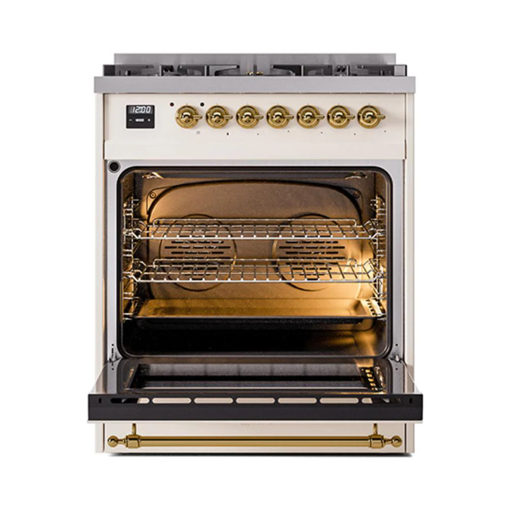 Ilve UN30NMPAWG Ilve Un30Nmpawg Nostalgie Ii Noblesse 30" Dual Fuel Range (Natural Gas, Triple Glass Door, Antique White, Brass) - Image 3