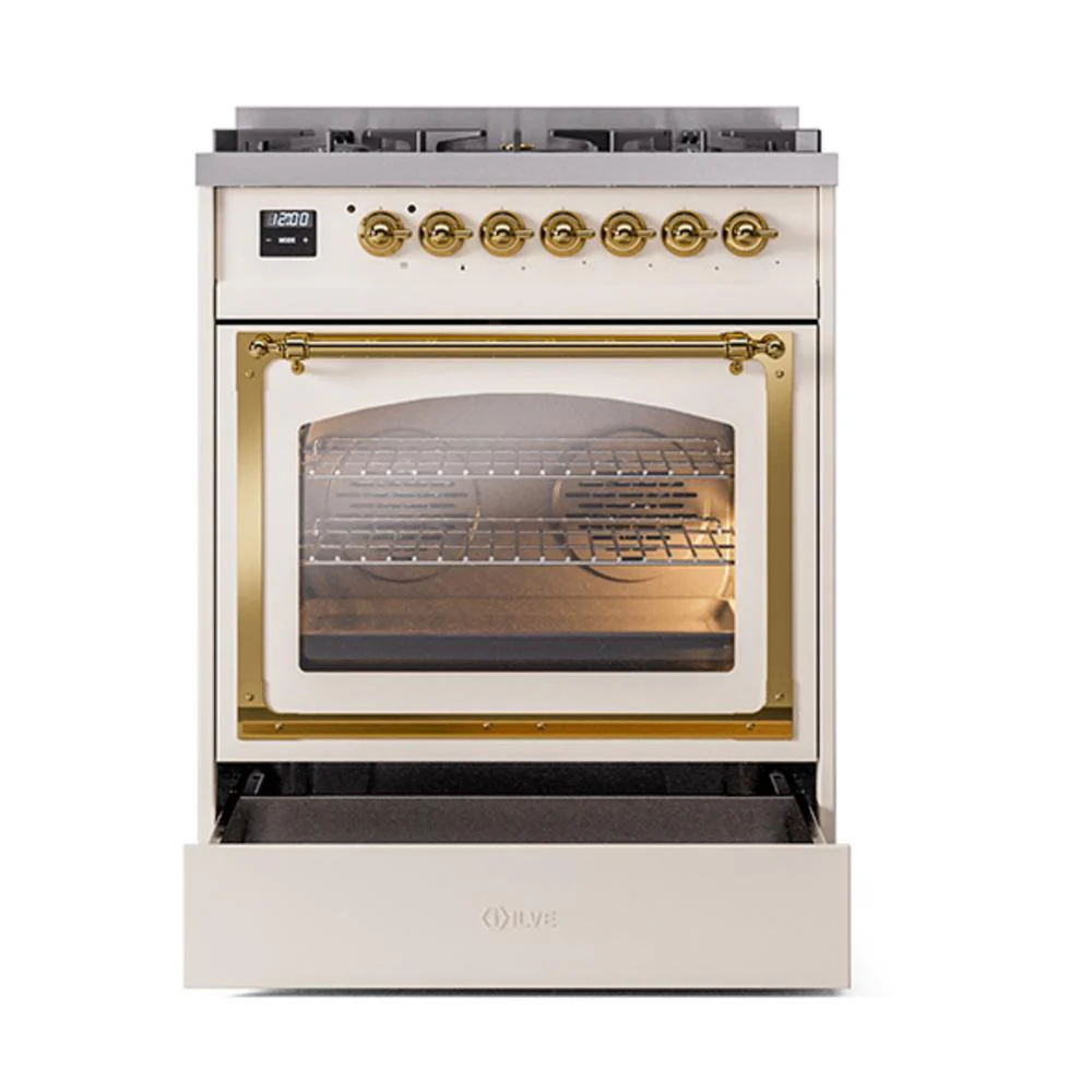 Ilve UN30NMPAWG Ilve Un30Nmpawg Nostalgie Ii Noblesse 30" Dual Fuel Range (Natural Gas, Triple Glass Door, Antique White, Brass) - Image 4