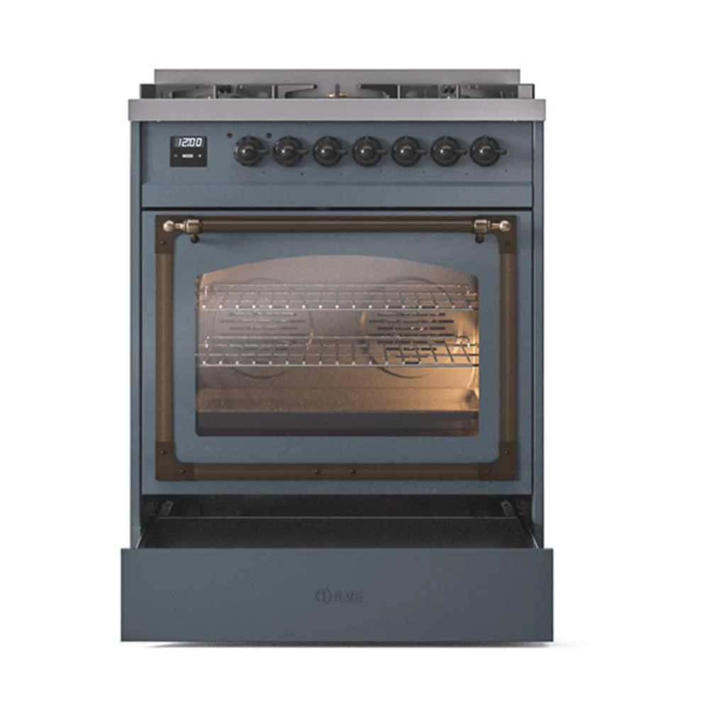 Ilve UN30NMPBGB Ilve Un30Nmpbgb Nostalgie Ii Noblesse 30" Dual Fuel Range (Natural Gas, Triple Glass Door, Blue Grey, Burnished) - Image 4
