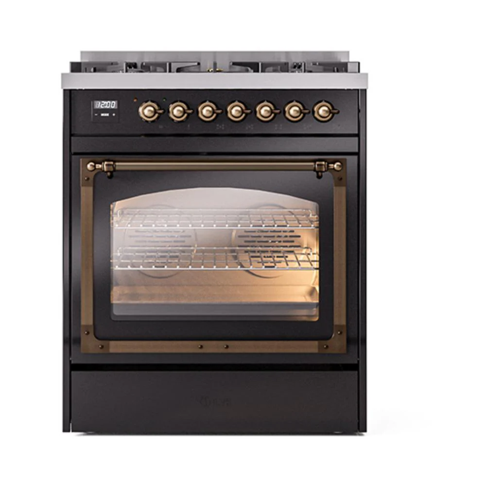 Ilve UN30NMPBKBLP Ilve Un30Nmpbkblp Nostalgie Ii Noblesse 30" Dual Fuel Range (Liquid Propane, Triple Glass Door, Glossy Black, Burnished) - Image 2