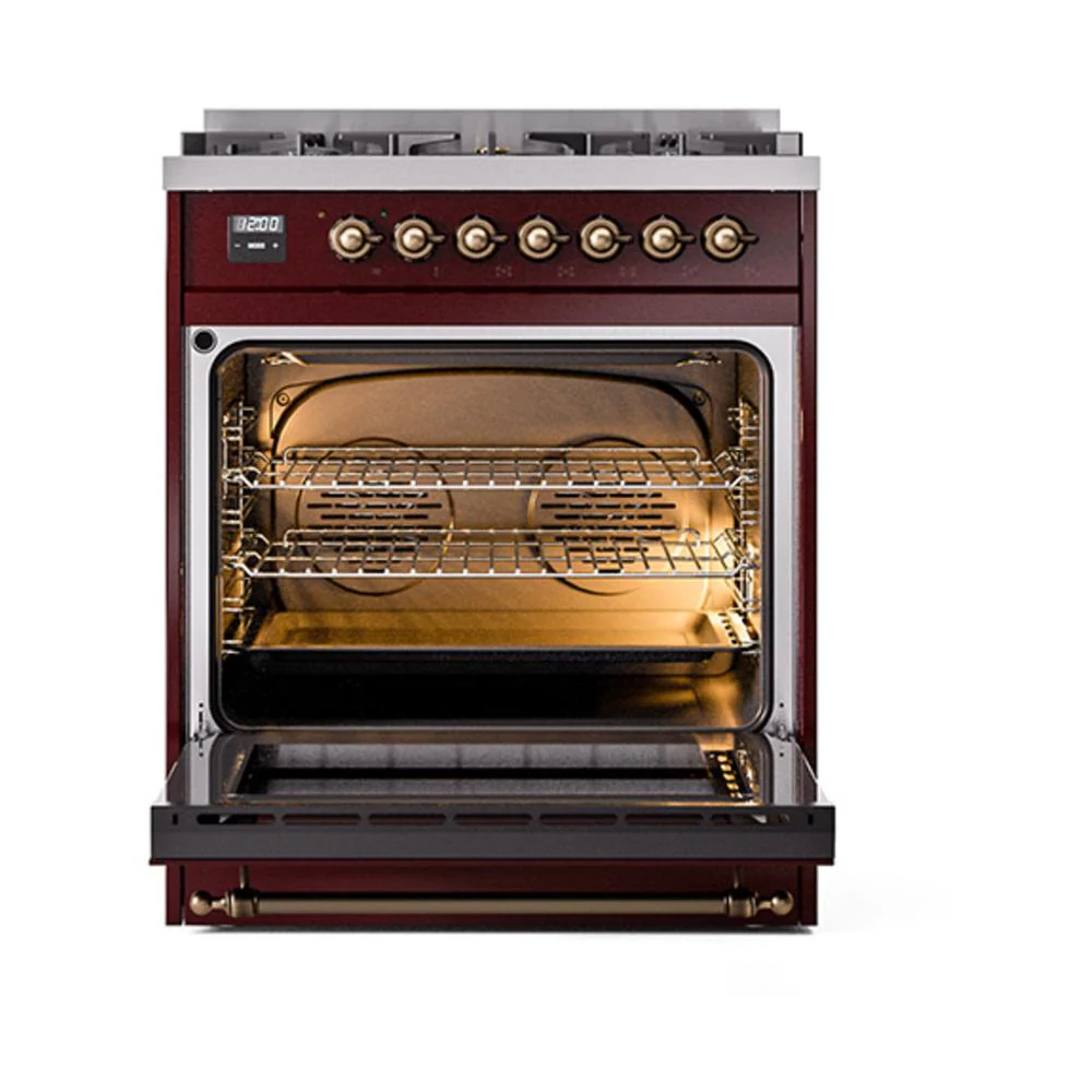Ilve UN30NMPBUB Ilve Un30Nmpbub Nostalgie Ii Noblesse 30" Dual Fuel Range (Natural Gas, Triple Glass Door, Burgundy, Burnished) - Image 3