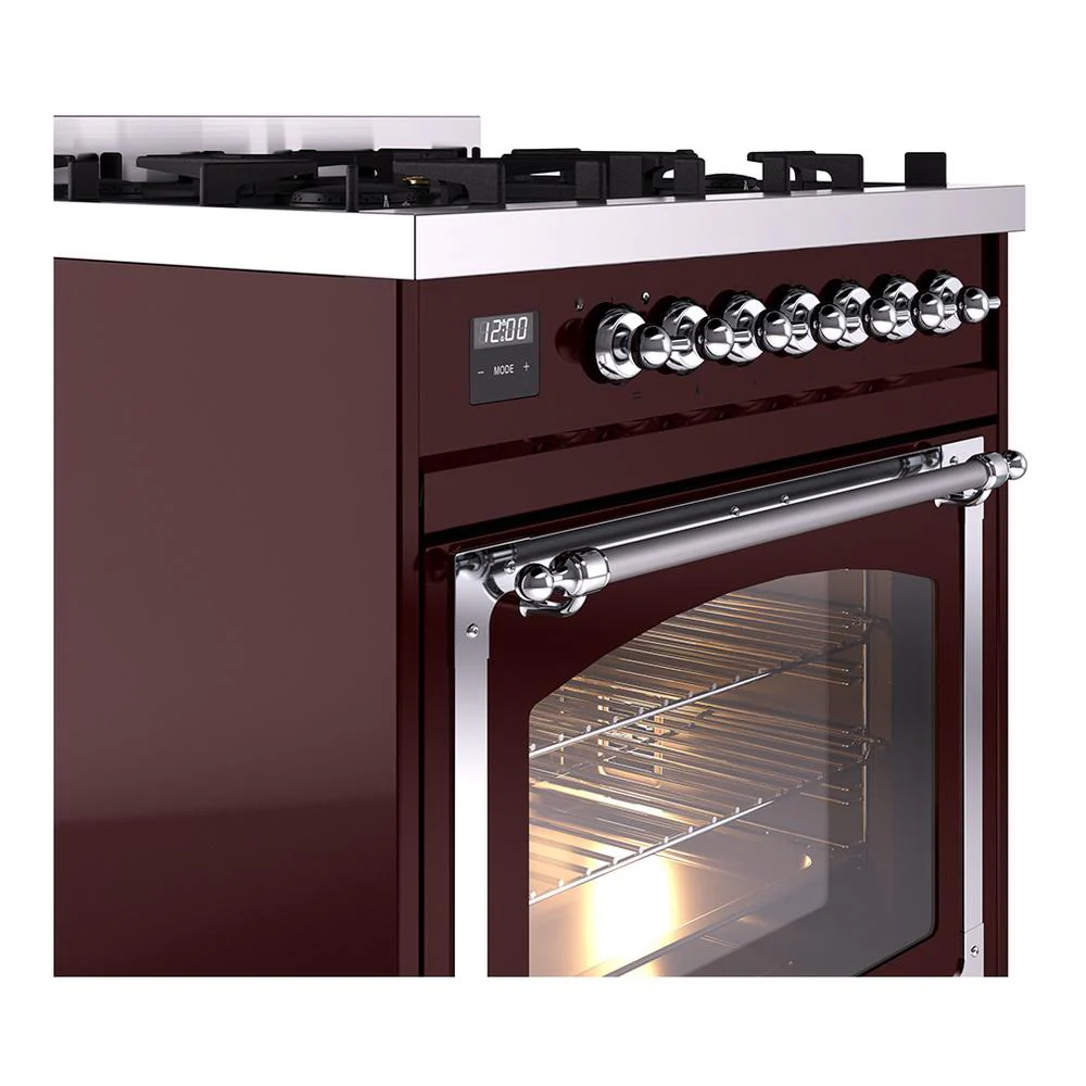 Ilve UN30NMPBUC Ilve Un30Nmpbuc Nostalgie Ii Noblesse 30" Dual Fuel Range (Natural Gas, Triple Glass Door, Burgundy, Chrome) - Image 5