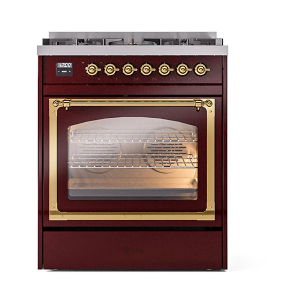 Ilve UN30NMPBUG Ilve Un30Nmpbug Nostalgie Ii Noblesse 30" Dual Fuel Range (Natural Gas, Triple Glass Door, Burgundy, Brass) - Image 2