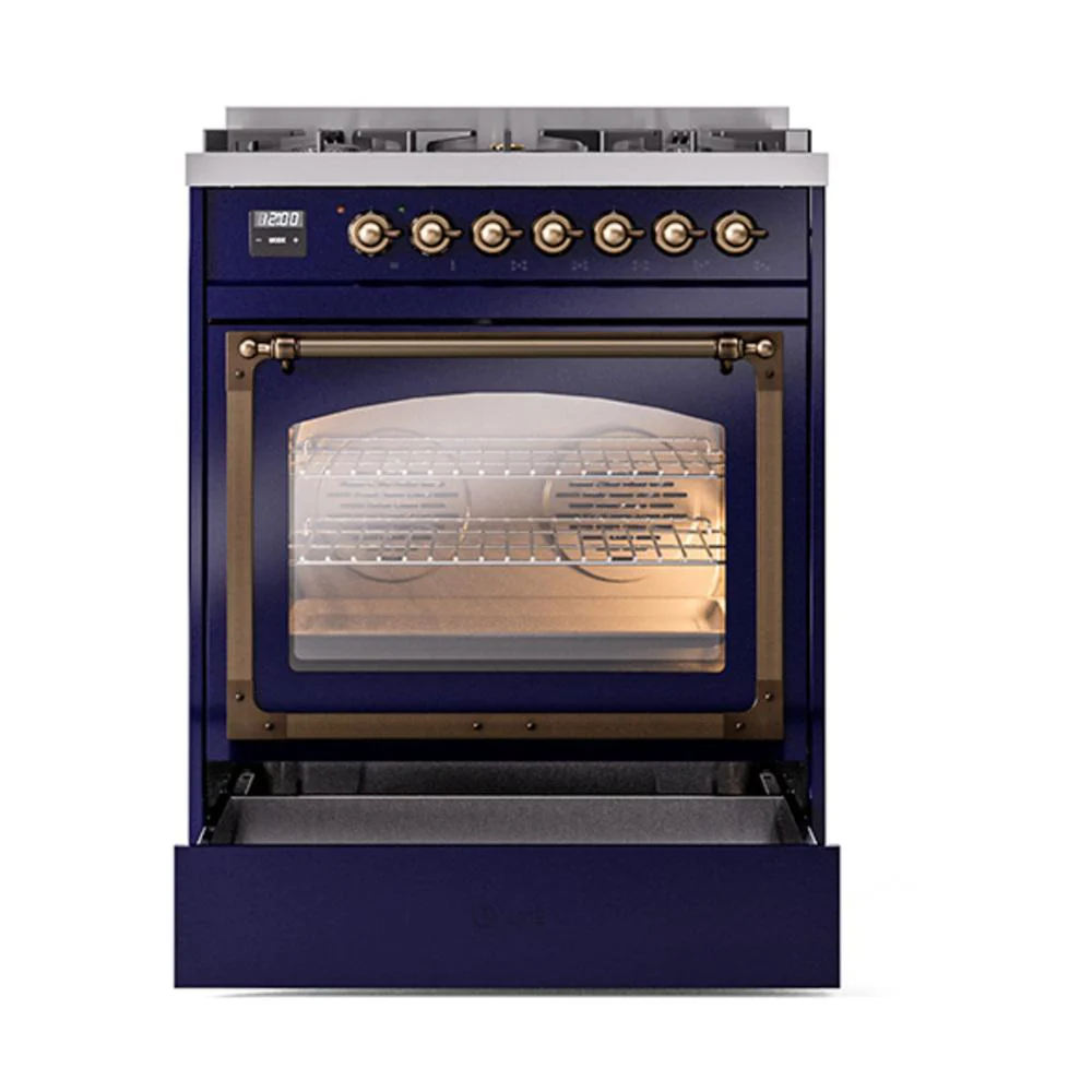 Ilve UN30NMPMBB Ilve Un30Nmpmbb Nostalgie Ii Noblesse 30" Dual Fuel Range (Natural Gas, Triple Glass Door, Midnight Blue, Burnished) - Image 4