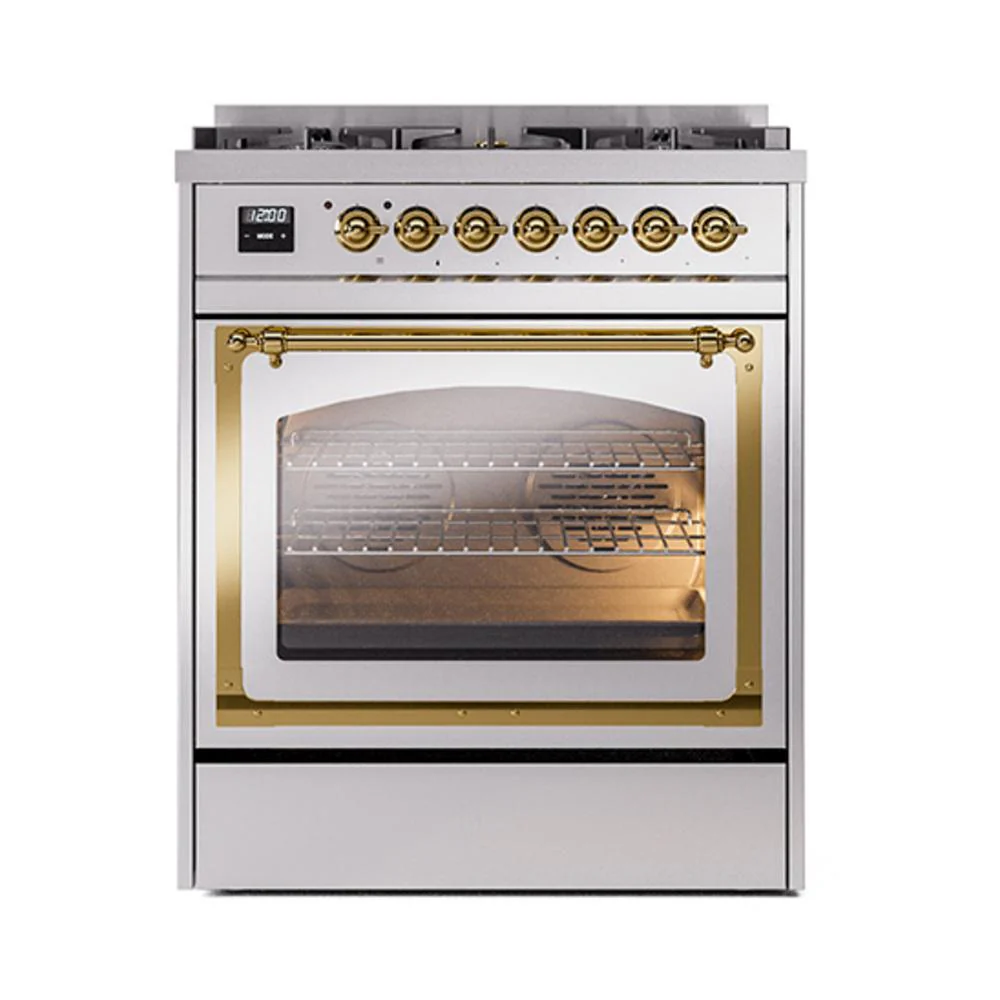 Ilve UN30NMPSSGLP Ilve Un30Nmpssglp Nostalgie Ii Noblesse 30" Dual Fuel Range (Liquid Propane, Triple Glass Door, Stainless Steel, Brass) - Image 2