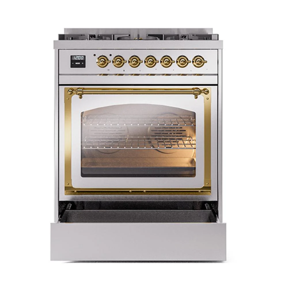 Ilve UN30NMPSSGLP Ilve Un30Nmpssglp Nostalgie Ii Noblesse 30" Dual Fuel Range (Liquid Propane, Triple Glass Door, Stainless Steel, Brass) - Image 4