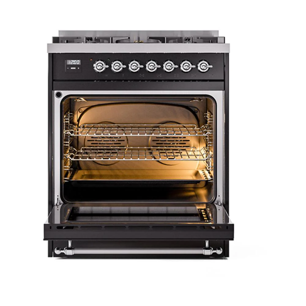 Ilve UN30QNMPBKCLP Ilve Un30Qnmpbkclp Nostalgie Ii Noblesse 30" Dual Fuel Range (Liquid Propane, Solid Door, Glossy Black, Chrome) - Image 2