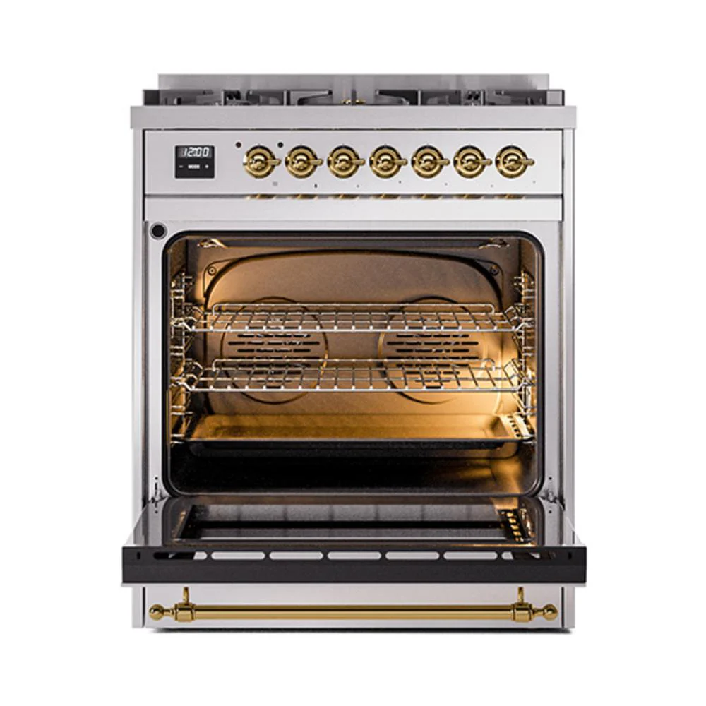 Ilve UN30QNMPSSGLP Ilve Un30Qnmpssglp Nostalgie Ii Noblesse 30" Dual Fuel Range (Liquid Propane, Solid Door, Stainless Steel, Brass) - Image 2