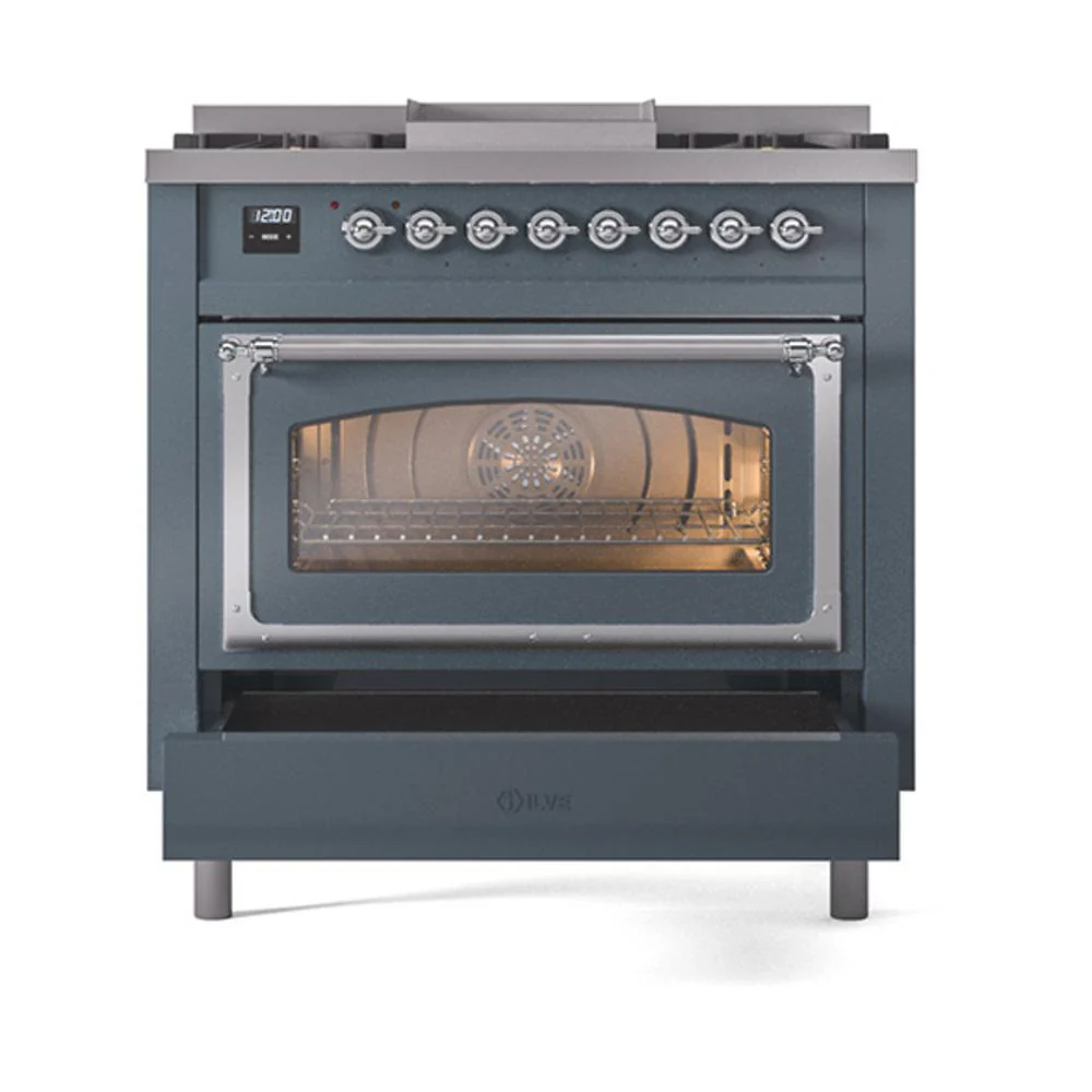 Ilve UN36FNMPBGC Ilve Un36Fnmpbgc Nostalgie Ii Noblesse 36" Dual Fuel Range (Natural Gas, Triple Glass Door, Blue Grey, Chrome) - Image 4