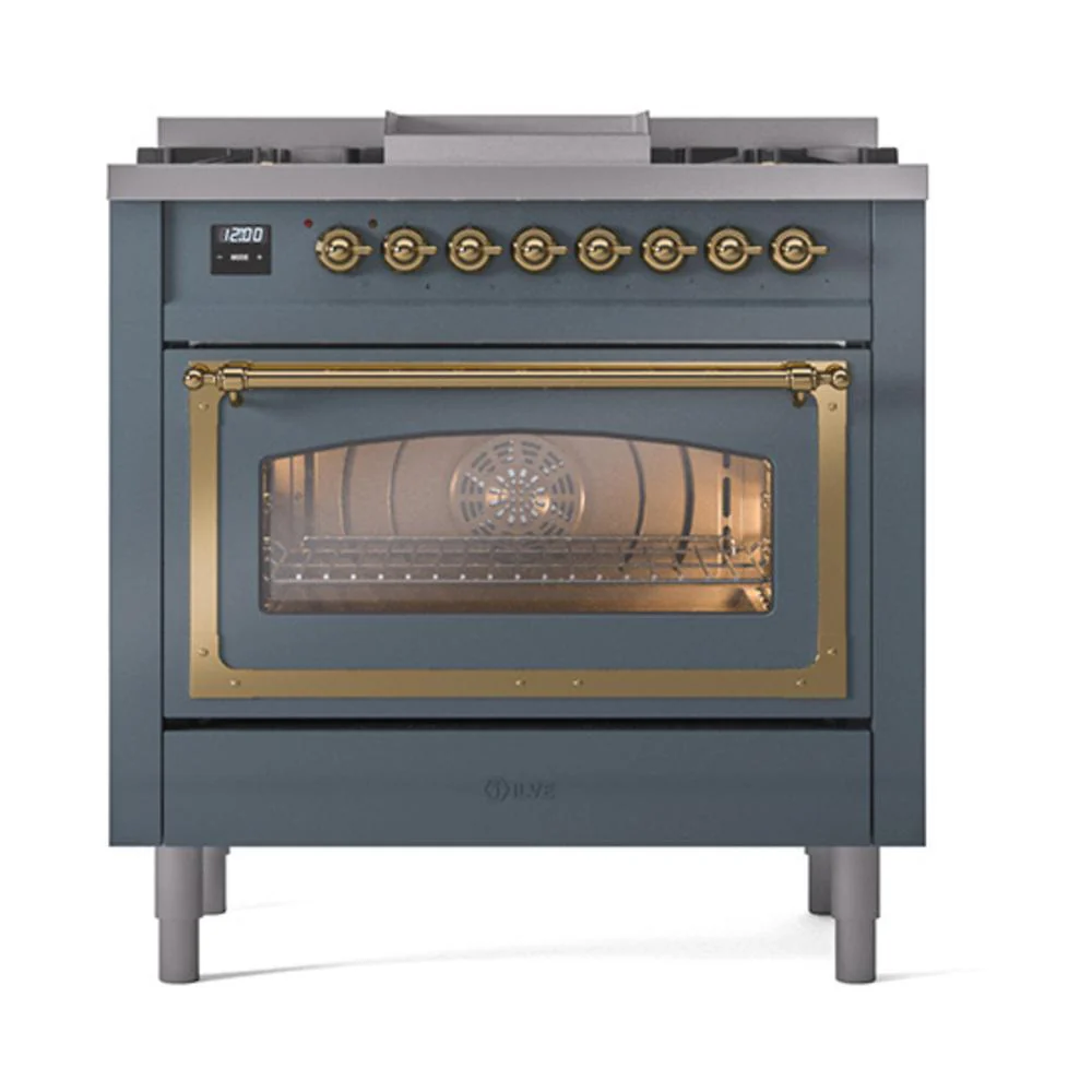 Ilve UN36FNMPBGGLP Ilve Un36Fnmpbgglp Nostalgie Ii Noblesse 36" Dual Fuel Range (Liquid Propane, Triple Glass Door, Blue Grey, Brass) - Image 2