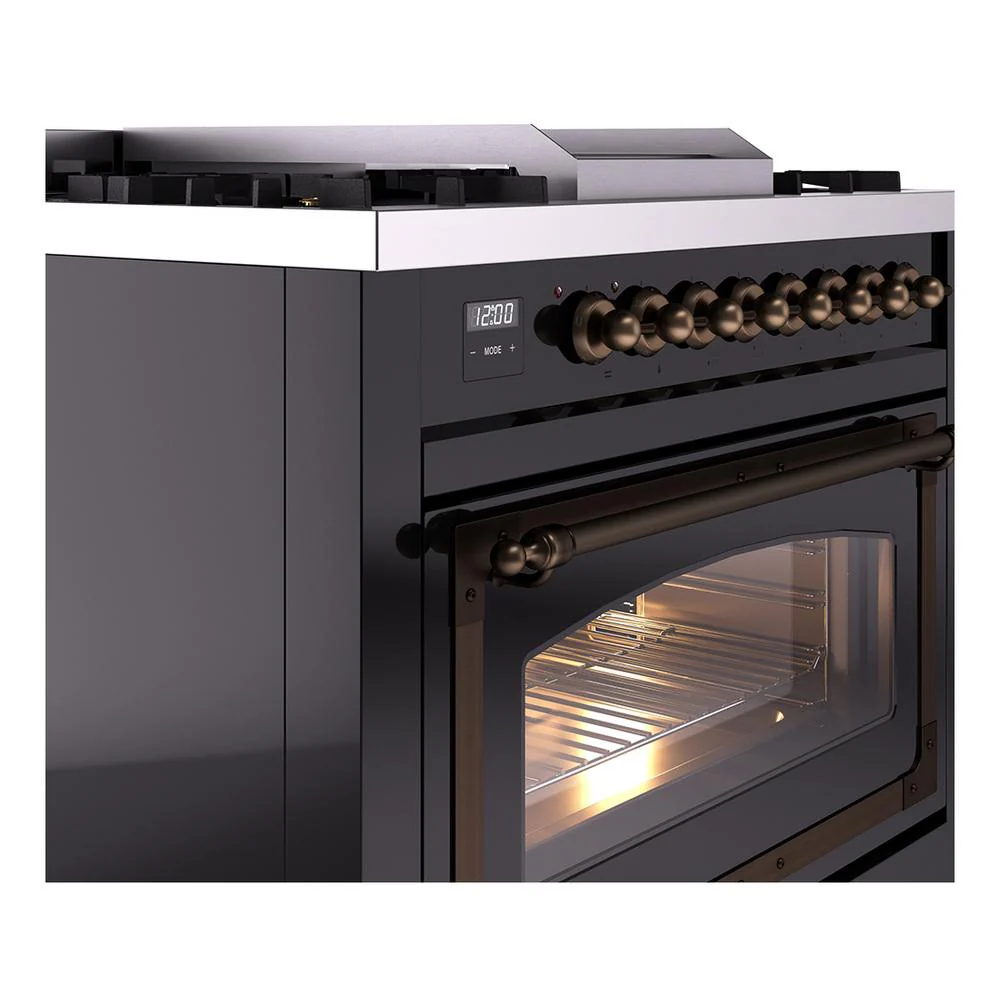 Ilve UN36FNMPBKBLP Ilve Un36Fnmpbkblp Nostalgie Ii Noblesse 36" Dual Fuel Range (Liquid Propane, Triple Glass Door, Glossy Black, Burnished) - Image 5