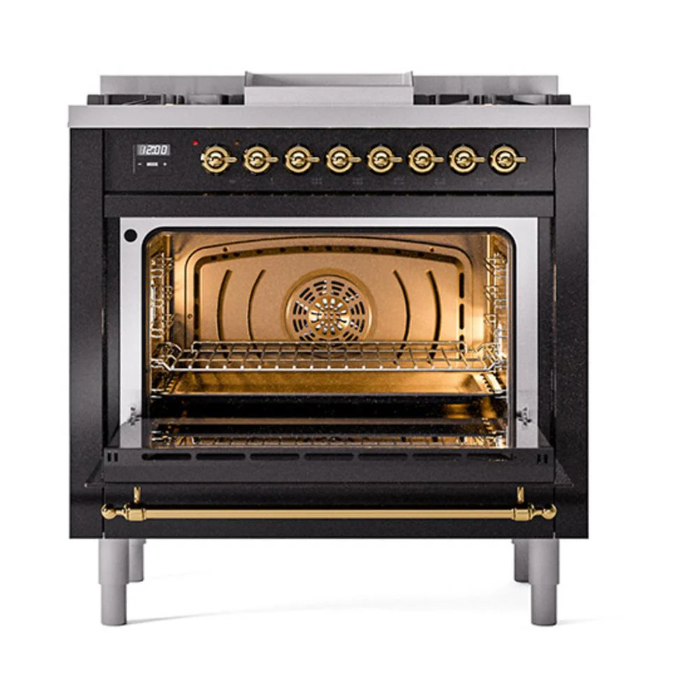 Ilve UN36FNMPBKG Ilve Un36Fnmpbkg Nostalgie Ii Noblesse 36" Dual Fuel Range (Natural Gas, Triple Glass Door, Glossy Black, Brass) - Image 3