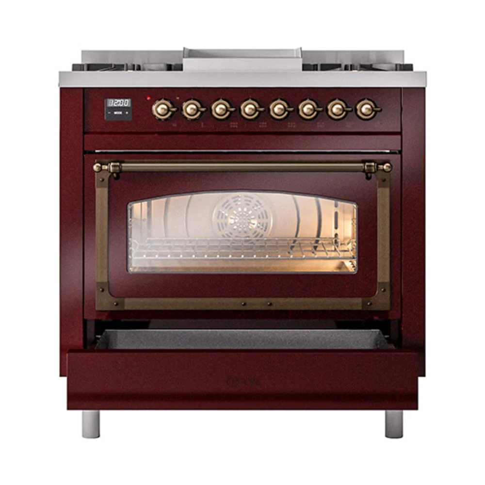 Ilve UN36FNMPBUBLP Ilve Un36Fnmpbublp Nostalgie Ii Noblesse 36" Dual Fuel Range (Liquid Propane, Triple Glass Door, Burgundy, Burnished) - Image 4