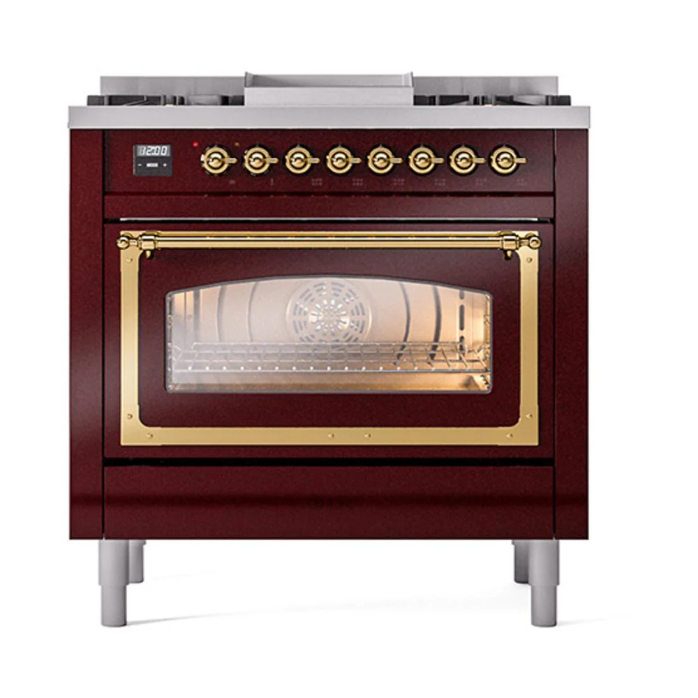 Ilve UN36FNMPBUGLP Ilve Un36Fnmpbuglp Nostalgie Ii Noblesse 36" Dual Fuel Range (Liquid Propane, Triple Glass Door, Burgundy, Brass) - Image 2