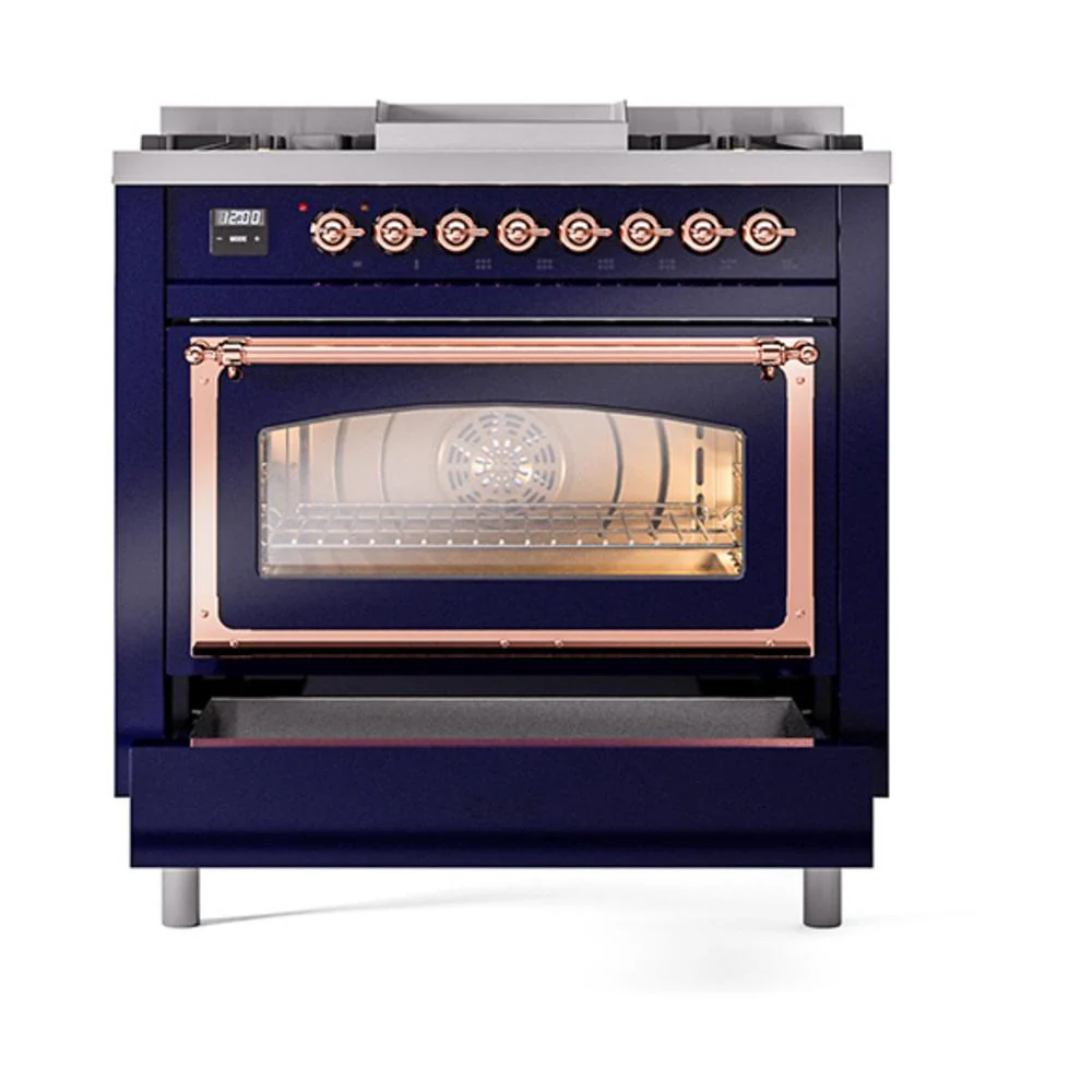 Ilve UN36FNMPMBPLP Ilve Un36Fnmpmbplp Nostalgie Ii Noblesse 36" Dual Fuel Range (Liquid Propane, Triple Glass Door, Midnight Blue, Copper) - Image 4
