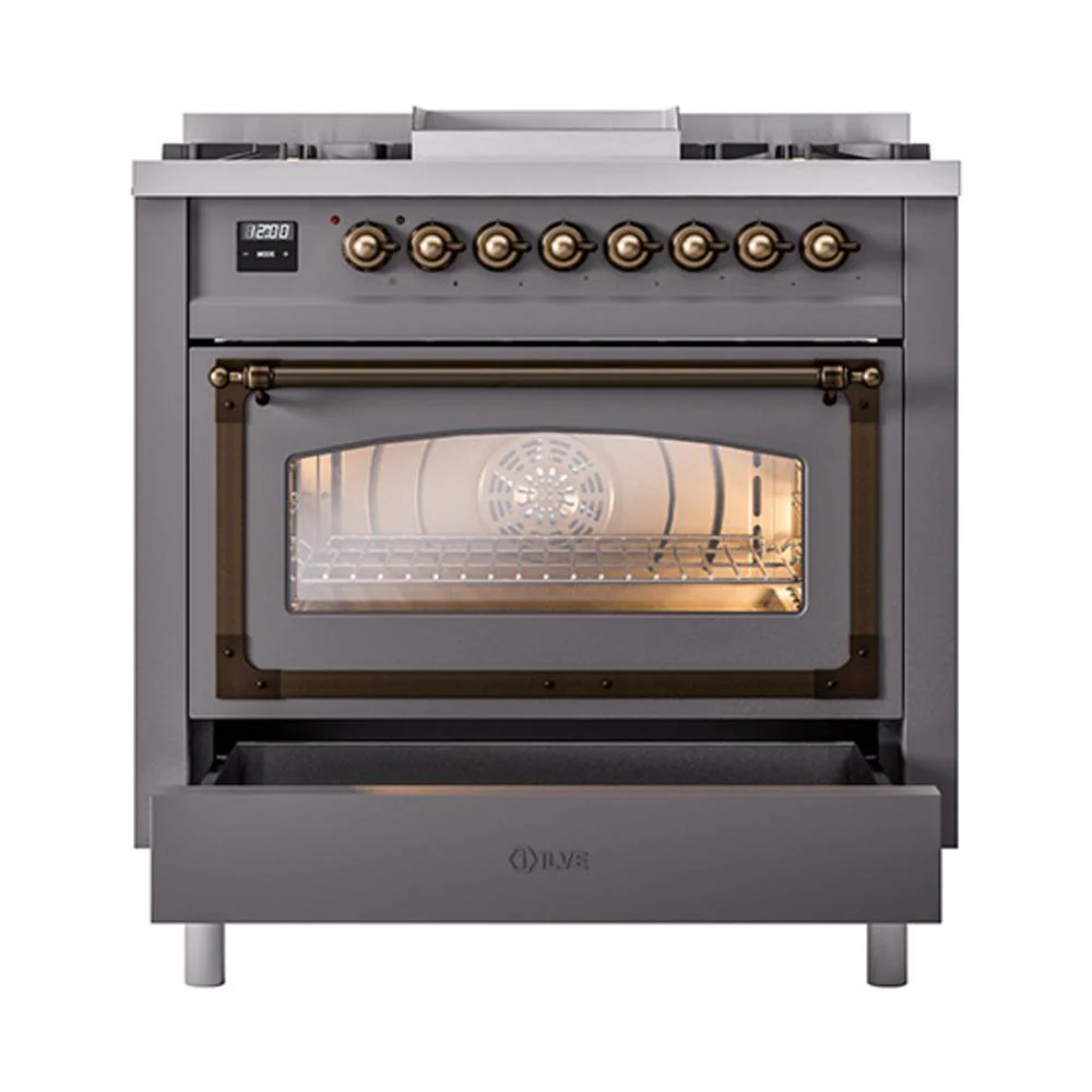 Ilve UN36FNMPMGB Ilve Un36Fnmpmgb Nostalgie Ii Noblesse 36" Dual Fuel Range (Natural Gas, Triple Glass Door, Graphite Matte, Burnished) - Image 4