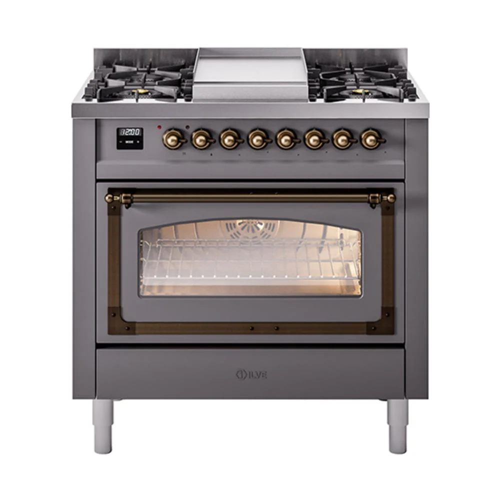 Ilve UN36FNMPMGBLP Ilve Un36Fnmpmgblp Nostalgie Ii Noblesse 36" Dual Fuel Range (Liquid Propane, Triple Glass Door, Graphite Matte, Burnished)