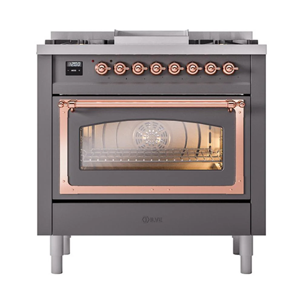Ilve UN36FNMPMGP Ilve Un36Fnmpmgp Nostalgie Ii Noblesse 36" Dual Fuel Range (Natural Gas, Triple Glass Door, Graphite Matte, Copper) - Image 2