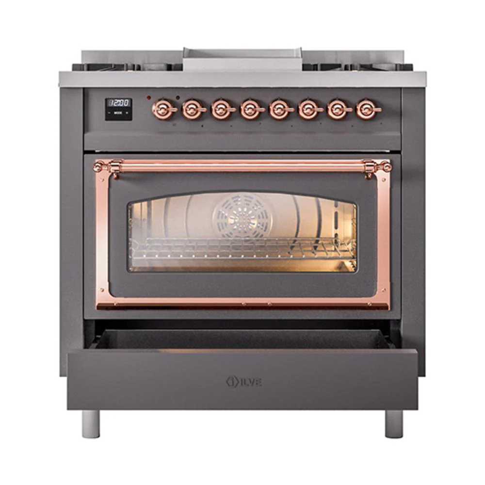 Ilve UN36FNMPMGPLP Ilve Un36Fnmpmgplp Nostalgie Ii Noblesse 36" Dual Fuel Range (Liquid Propane, Triple Glass Door, Graphite Matte, Copper) - Image 4