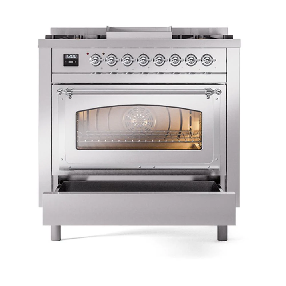 Ilve UN36FNMPSSC Ilve Un36Fnmpssc Nostalgie Ii Noblesse 36" Dual Fuel Range (Natural Gas, Triple Glass Door, Stainless Steel, Chrome) - Image 4