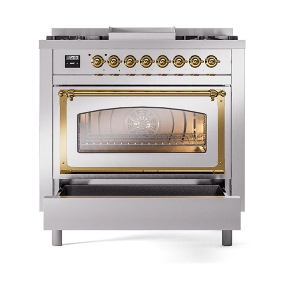 Ilve UN36FNMPSSG Ilve Un36Fnmpssg Nostalgie Ii Noblesse 36" Dual Fuel Range (Natural Gas, Triple Glass Door, Stainless Steel, Brass) - Image 4