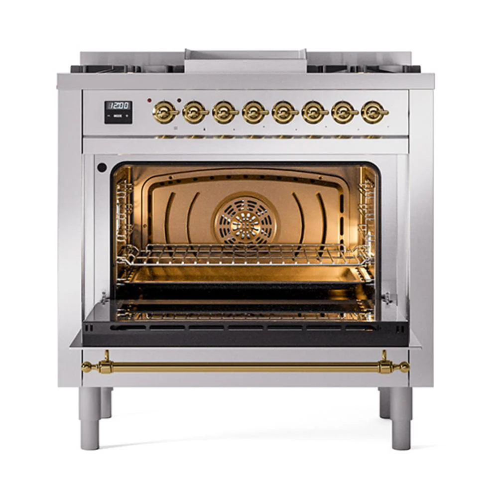 Ilve UN36FNMPSSGLP Ilve Un36Fnmpssglp Nostalgie Ii Noblesse 36" Dual Fuel Range (Liquid Propane, Triple Glass Door, Stainless Steel, Brass) - Image 3