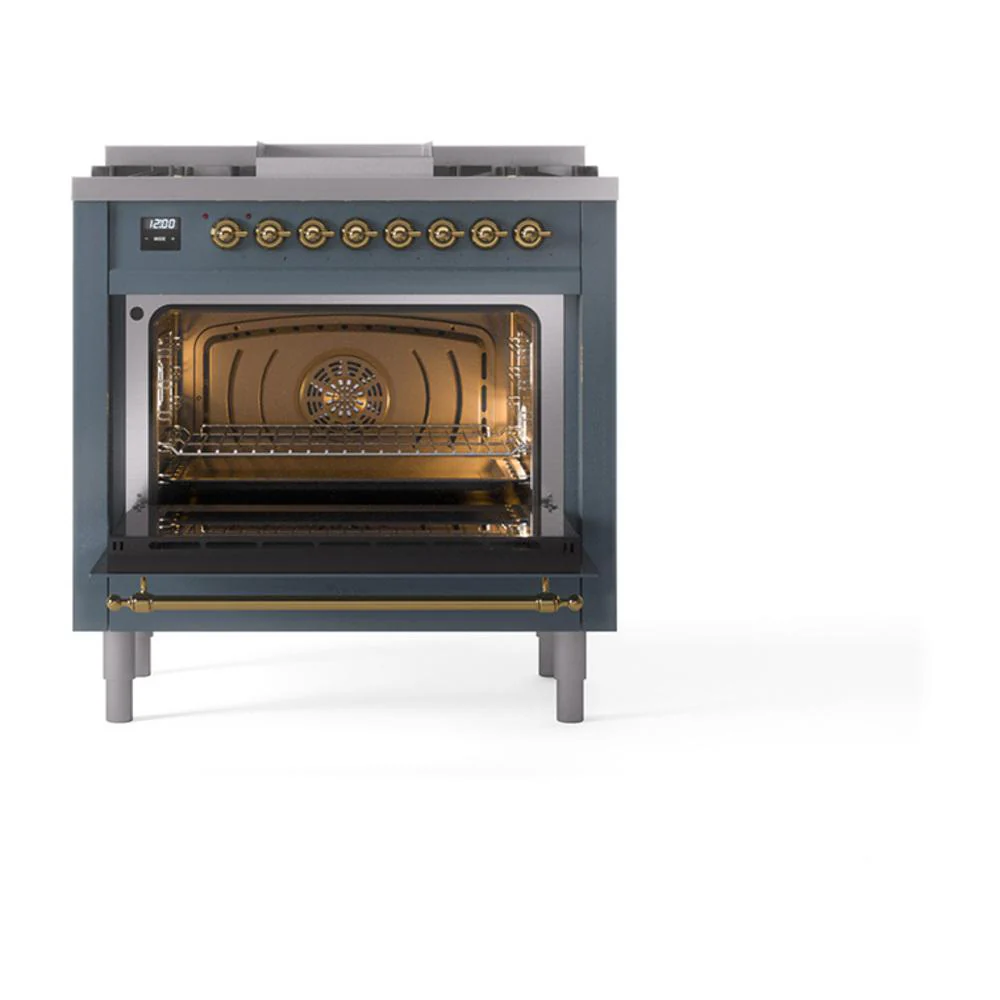 Ilve UN36FQNMPBGG Ilve Un36Fqnmpbgg Nostalgie Ii Noblesse 36" Dual Fuel Range (Natural Gas, Solid Door, Blue Grey, Brass) - Image 2