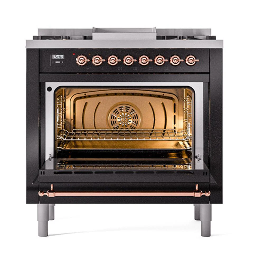 Ilve UN36FQNMPBKP Ilve Un36Fqnmpbkp Nostalgie Ii Noblesse 36" Dual Fuel Range (Natural Gas, Solid Door, Glossy Black, Copper) - Image 2