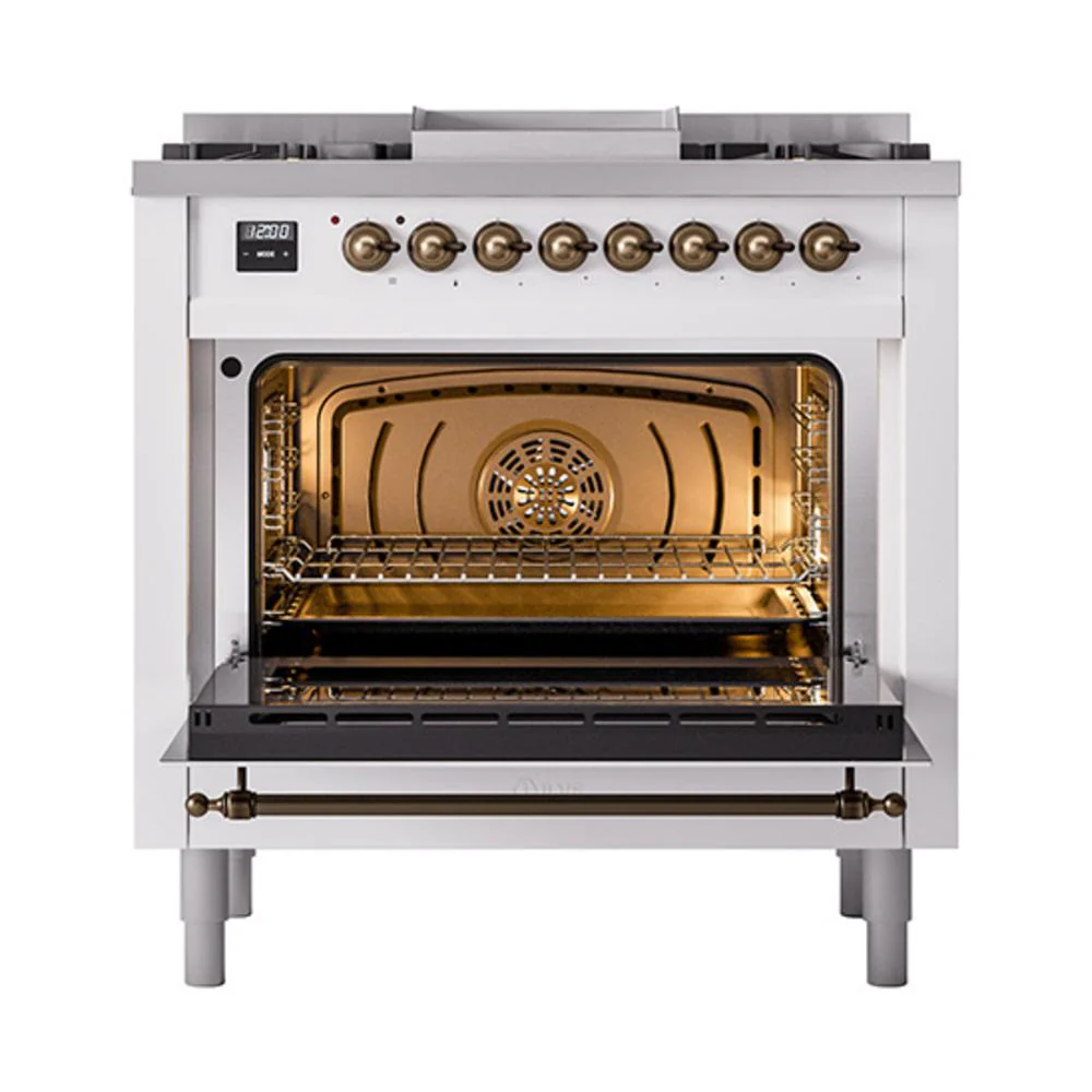 Ilve UN36FQNMPWHB Ilve Un36Fqnmpwhb Nostalgie Ii Noblesse 36" Dual Fuel Range (Natural Gas, Solid Door, White, Burnished) - Image 2